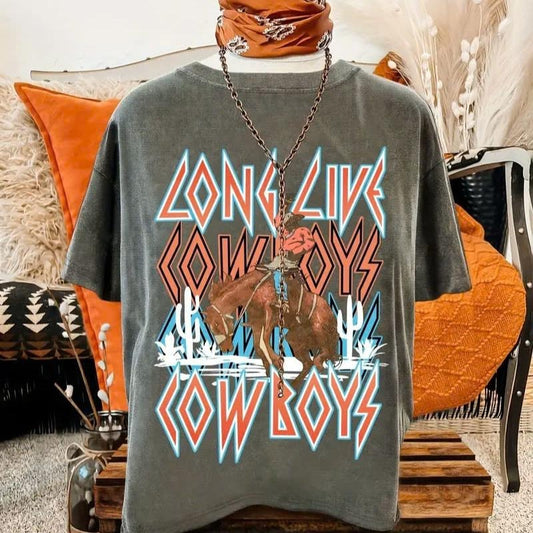 Women's Casual Short Sleeve Crew Neck T-Shirt with Bold Letter Print & Cowboy Graphic, Summer & Spring Top, Machine Washable, Medium Elasticity, Regular Fit Cotton Fabric