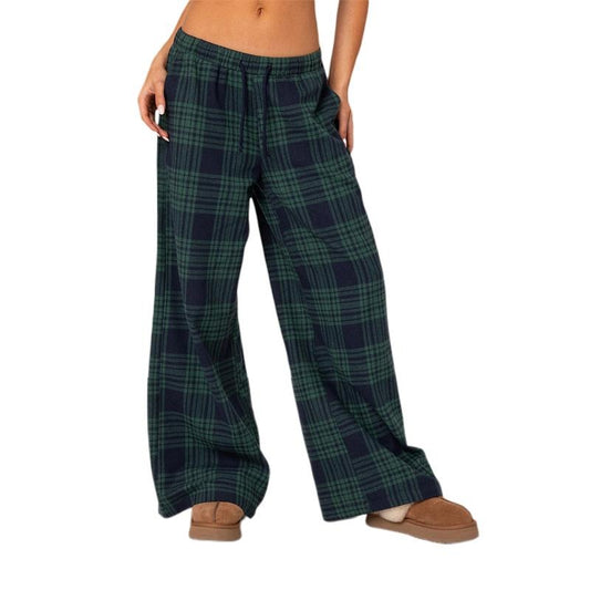 Women's Casual Trousers Classic Plaid Print Elastic Waist Loose Wide Leg Pants Lounge Pants Womenswear Bottom Underwear Lady