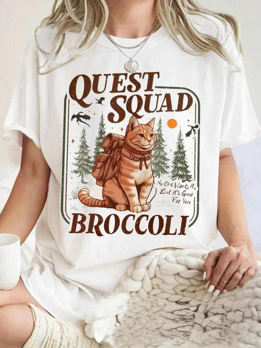 Women's Cat & Letter Print Round Neck Graphic Tee, Vintage Trendy Casual Short Sleeve T-shirt for Daily Wear, Ladies Summer Outfit, Top