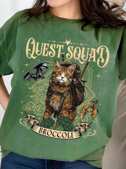 Women's Cat & Letter Print Round Neck Graphic Tee, Vintage Trendy Casual Short Sleeve T-shirt for Daily Wear, Ladies Summer Outfit, Topstyle{n002}2