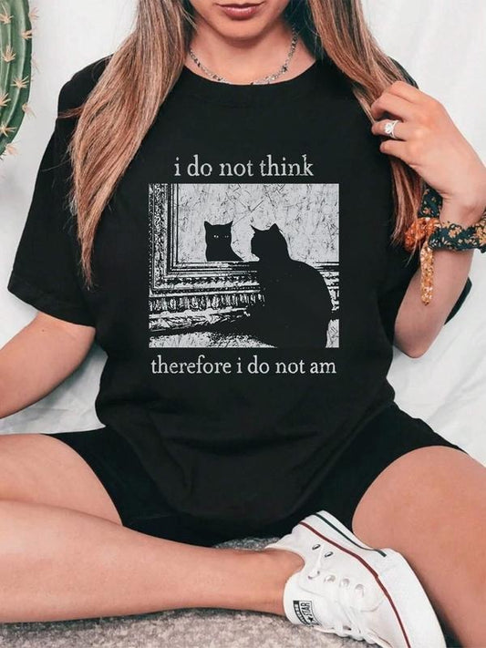 Women's Cat & Letter Print Round Neck Tee, Vintage Trendy Casual Short Sleeve T-shirt for Daily Wear, Ladies All Seasons Clothes