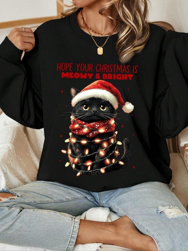 Women's Cat & Santa Hat Print Crew Neck Sweatshirt, Casual Long Sleeve Pullover for Daily Wear, Ladies Spring & Fall...