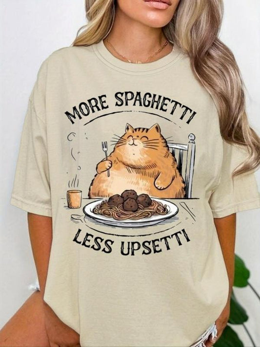 Women's Cat & Spaghetti Print Round Neck Graphic Tee, Vintage Trendy Casual Spaghetti & Cat Graphic Tee, Women's Summer Outfit, Top