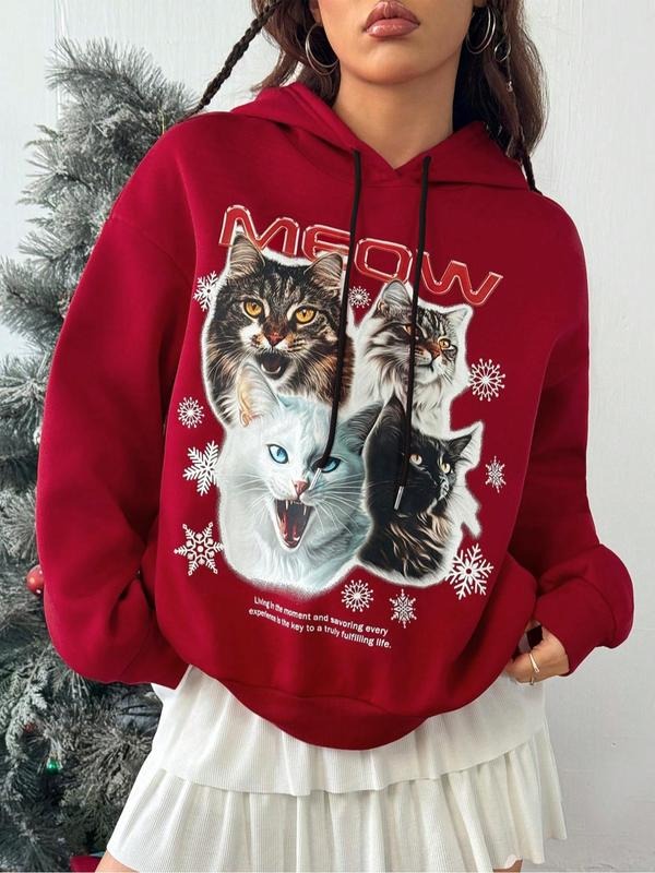 Women's Cat Print Crew Neck Sweatshirt, Casual Long Sleeve Pullover Hoodie for Daily Wear, Ladies Fall & Winter Clothes...