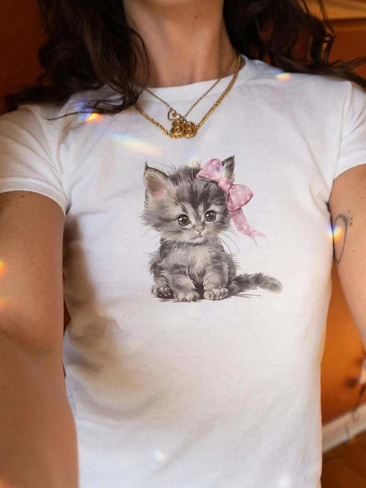 Women's Cat Print Round Neck Tee, Cute Graphic Short Sleeve T-Shirt for Daily Wear, Ladies Clothes for All Seasons