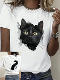 Women's Cat Print Round Neck Tee, Fashion Casual Crew Neck T-Shirt for Daily Holiday Vacation Outdoor Wear, Ladies Clothes for All Seasons