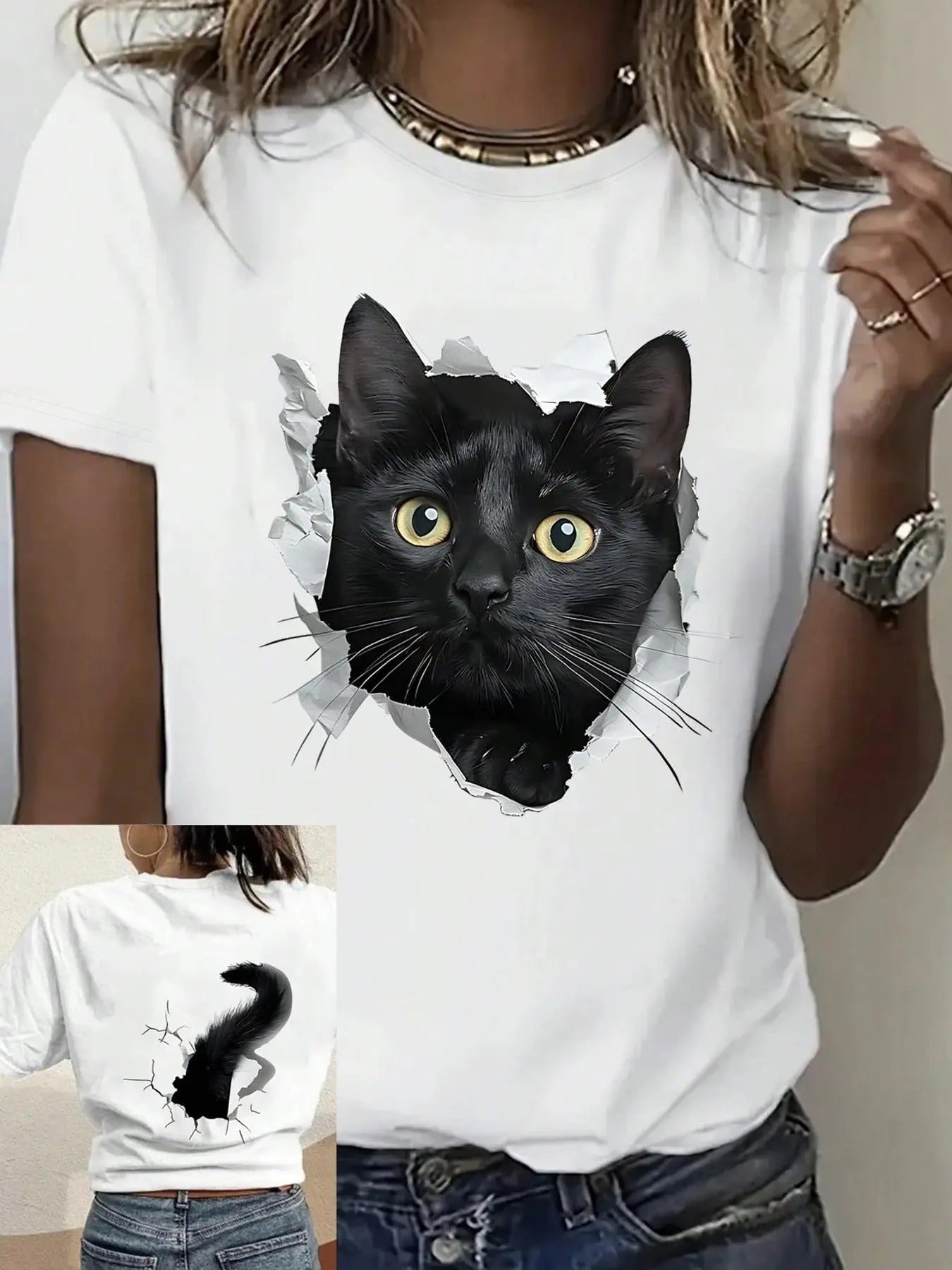 Women's Cat Print Round Neck Tee, Fashion Casual Crew Neck T-Shirt for Daily Holiday Vacation Outdoor Wear, Ladies Clothes for All Seasons