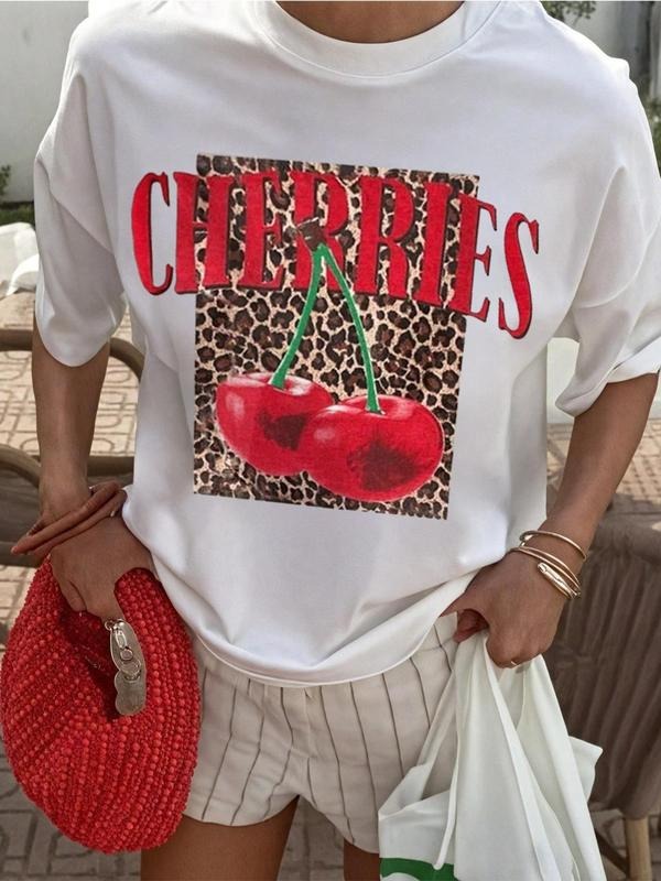Women's Cherries & Leopard Print Round Neck Tee, Fashion Casual Crew Neck T-shirt for Daily Holiday Vacation Outdoor...