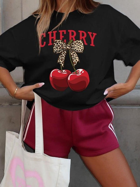 Women's Cherry & Bow Print Round Neck Graphic Tee, Vintage Trendy Casual Short Sleeve T-shirt for Daily Wear, Ladies Summer Outfit, Top