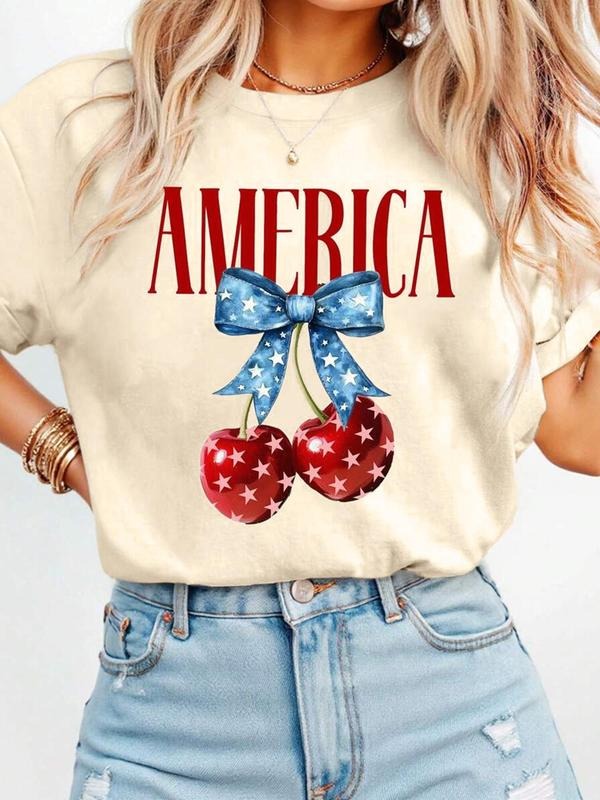 Women's Cherry & Bow Print Round Neck Tee, Casual Star & Striped Print Short Sleeve T-Shirt for Daily Wear, Ladies...