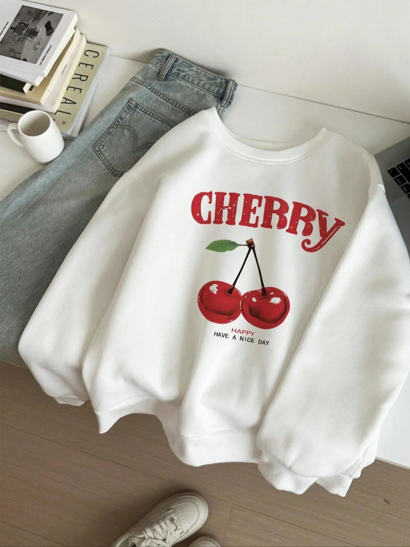 Women's Cherry & Letter Print Drop Shoulder Sweatshirt, Casual Long Sleeve Round Neck Pullover for Fall & Winter, Ladies...