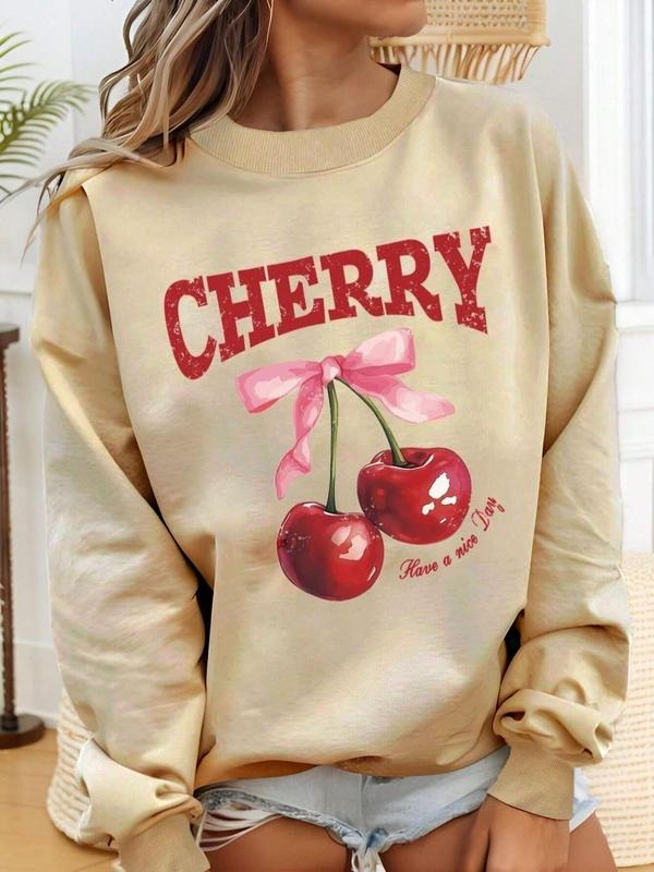 Women's Cherry & Letter Print Drop Shoulder Sweatshirt, Casual Long Sleeve Round Neck Thermal Lined Pullover for Fall &...