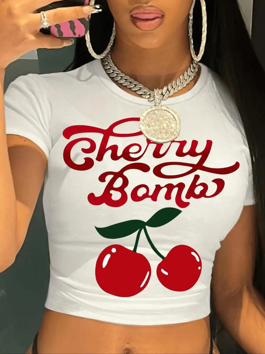 Women's Cherry & Letter Print Round Neck Crop Tee, Casual Short Sleeve Crew Neck Skinny T-shirt for Summer, Fashion Women's Top for Daily Wear, Graphic Tees Women, Women's Clothing,  T Shirts for Women