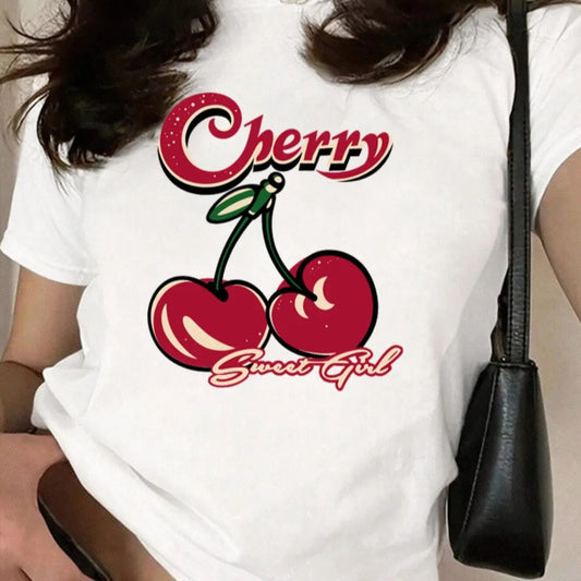 Women's Cherry & Letter Print Round Neck Tee, Casual Short Sleeve Crew Neck T-shirt for Spring & Fall, Fashion Women's Top for Daily Wear