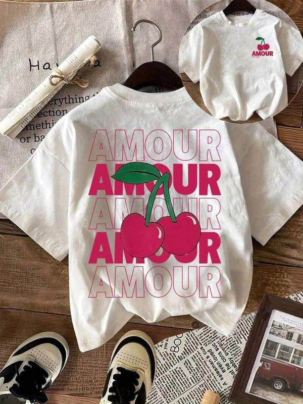 Women's Cherry & Letter Print Round Neck Tee, Vintage Trendy Casual Short Sleeve T-shirt for Daily Wear, Ladies Summer...