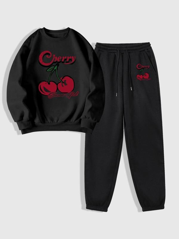 Women's Cherry & Letter Print Sweatshirt & Drawstring Waist Sweatpants Set, Casual Fashion Cozy Round Neck Long Sleeve...