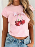 Women's Cherry Print Round Neck Crop Tee, Fashion Casual Crew Neck T-shirt for Daily Holiday Vacation Outdoor Wear, Ladies Clothes for All Seasons