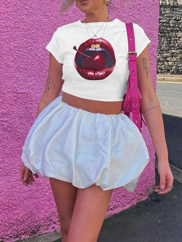 Women's Cherry Print Round Neck Crop Tee, Fashion Casual Crew Neck T-shirt for Daily Holiday Vacation Outdoor Wear,...