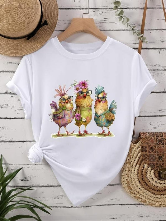 Women's Chicken & Floral Print Round Neck Tee, Trendy Casual Short Sleeve Crew Neck T-shirt for Daily Wear, Ladies All Seasons Outfit