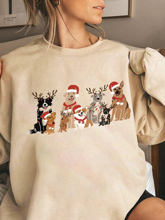 Women's Christmas Dogs Graphic Drop Shoulder Thermal Lined  Sweatshirt, Casual Long Sleeve Round Neck Pullover for Daily Wear, Ladies Clothes for All Seasons