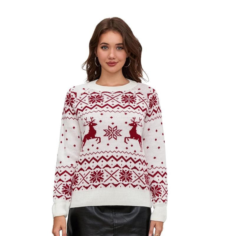 Women's Christmas Sweaters Classic Reindeer Snowflake Print Long Sleeve Round Neck Knit Jumper Tops