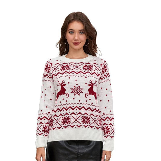Women's Christmas Sweaters Classic Reindeer Snowflake Print Long Sleeve Round Neck Knit Jumper Tops