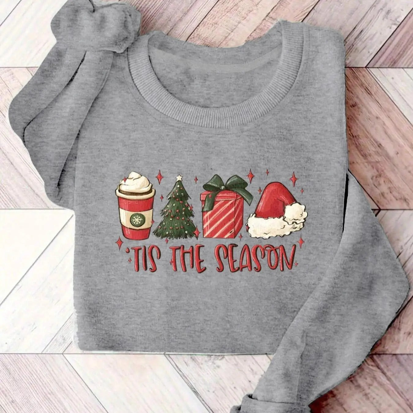 Women's Christmas Themed Cartoon Santa Hat & Coffee Print Drop Shoulder Thermal Lined Sweatshirt, Casual Long Sleeve...