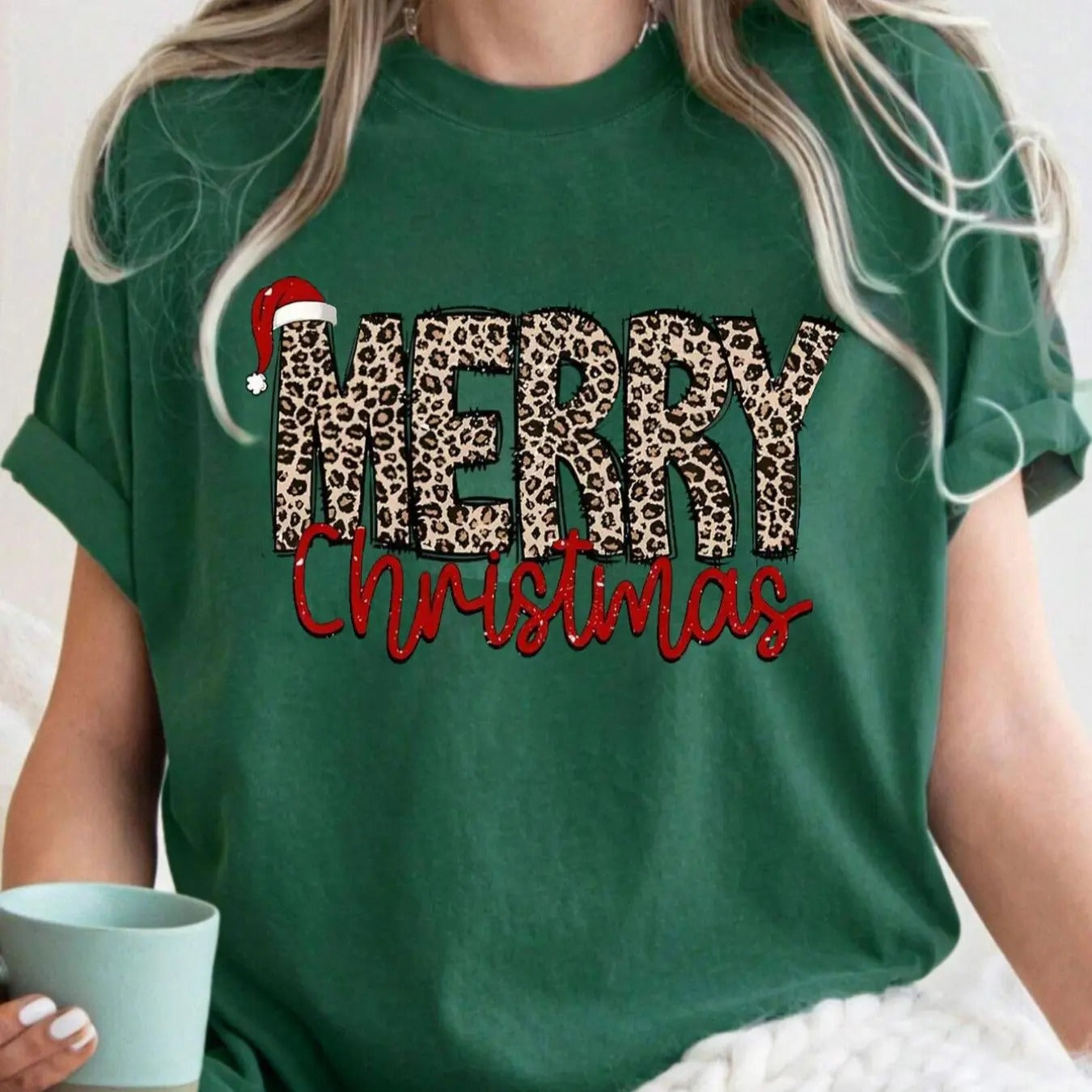 Women's Christmas Themed Leopard Letter & Santa Hat Print Drop Shoulder Tee, Casual Short Sleeve Round Neck T-shirt for...