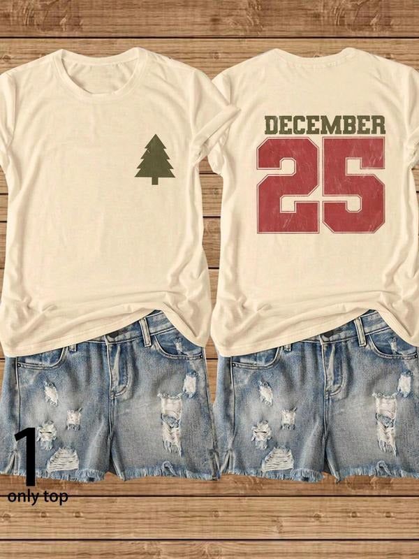 Women's Christmas Tree & Letter Print Round Neck Tee, Casual Short Sleeve Crew Neck T-shirt for Daily Wear, Ladies...