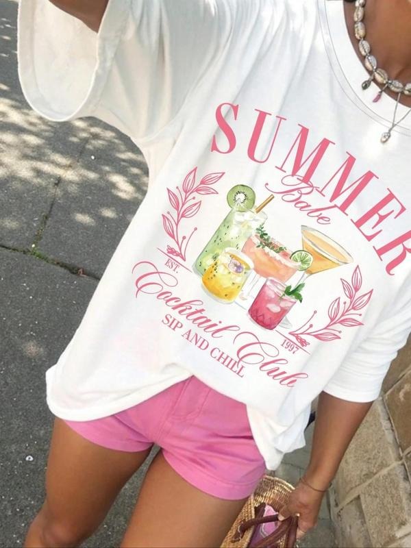 Women's Cocktail & Letter Print Round Neck Tee, Casual Short Sleeve Crew Neck T-shirt for Summer, Fashion Women's Top for...