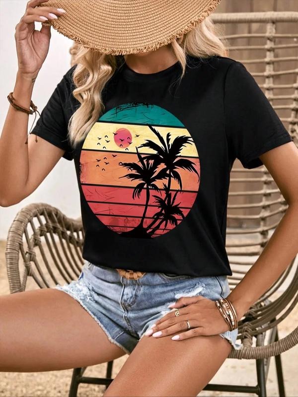Women's Colorful Coconut Tree Print Round Neck Graphic Tee, Vintage Trendy Casual Short Sleeve T-shirt for Daily Wear,...