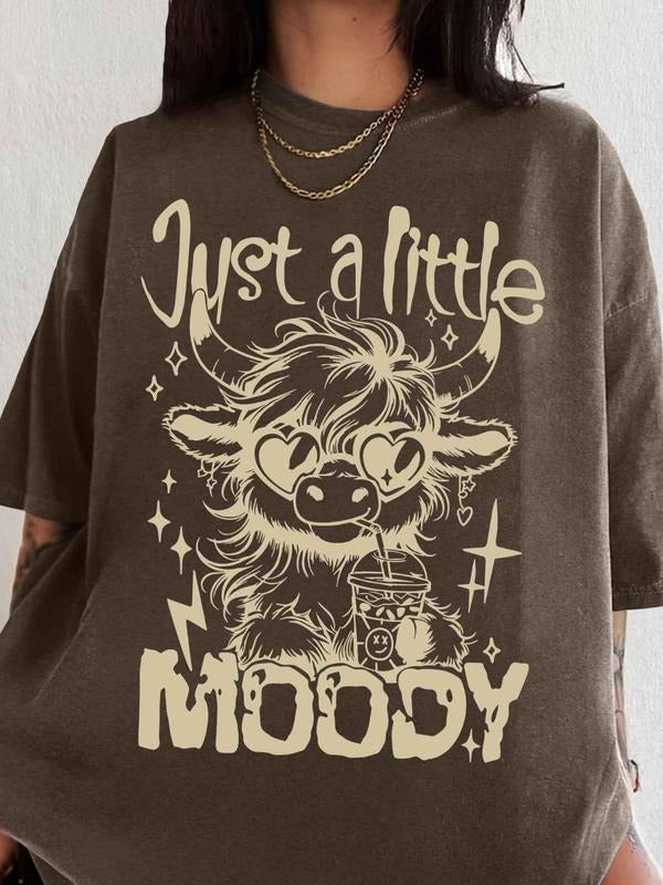 Women's Cow & Letter Print Round Neck Tee, Casual Graphic Short Sleeve T-Shirt for Summer, Women's Top for Daily Wear