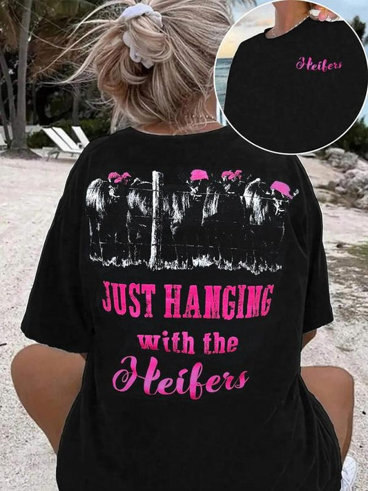 Women's Cow & Letter Print Round Neck Tee, Vintage Trendy Casual Short Sleeve T-shirt for Daily Wear, Ladies All Seasons Outfit, Top