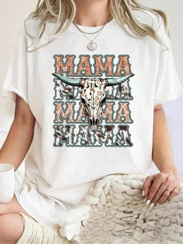 Women's Cow Head & Bull Skull Print Round Neck Tee, Vintage Trendy Casual Short Sleeve T-shirt for Daily Wear, Ladies Summer Outfit, Top