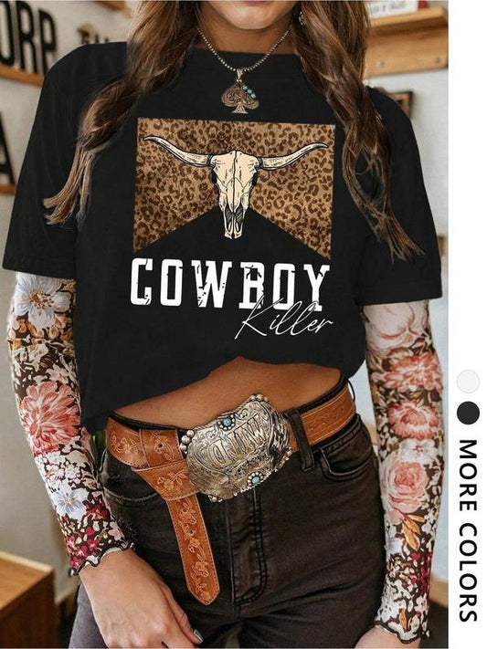 Women's Cow Print Round Neck Graphic Tee, Vintage Trendy Casual Short Sleeve T-shirt for Daily Wear, Ladies Summer Outfit, Top