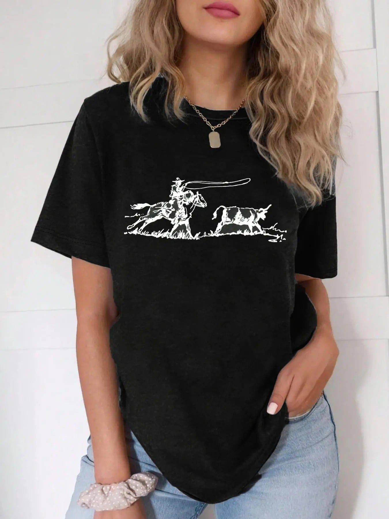 Women's Cowboy & Cow Print Round Neck Tee, Vintage Trendy Casual Short Sleeve T-shirt for Daily Wear, Ladies Summer...