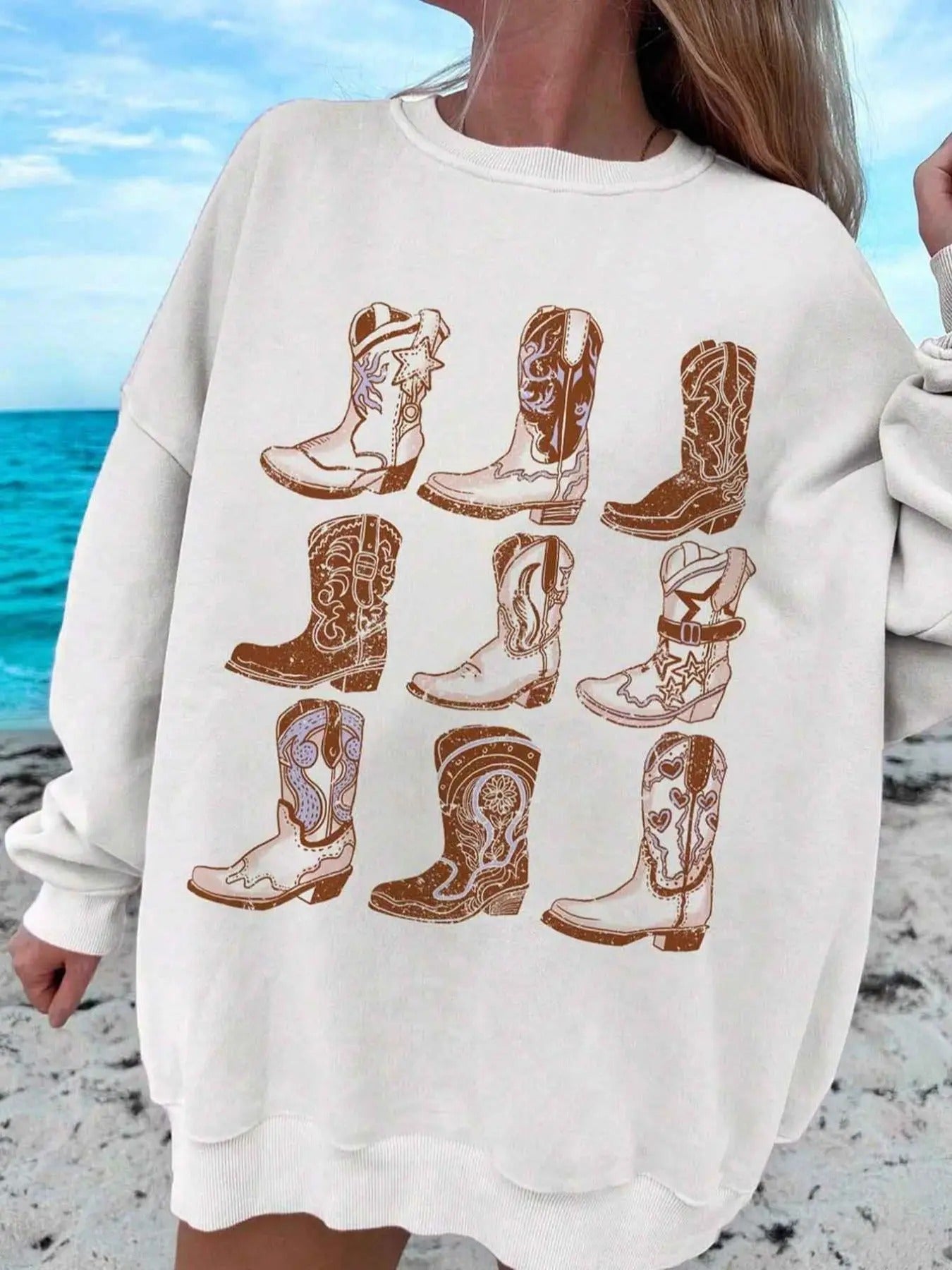 Women's Cowboy Boots Graphic Print Crew Neck Sweatshirt, Casual Drop Shoulder Long Sleeve Pullover, Women's Fall & Winter Clothes for Daily Wear