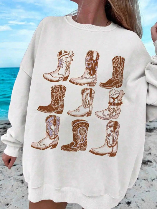 Women's Cowboy Boots Graphic Print Crew Neck Sweatshirt, Casual Drop Shoulder Long Sleeve Pullover, Women's Fall & Winter Clothes for Daily Wear