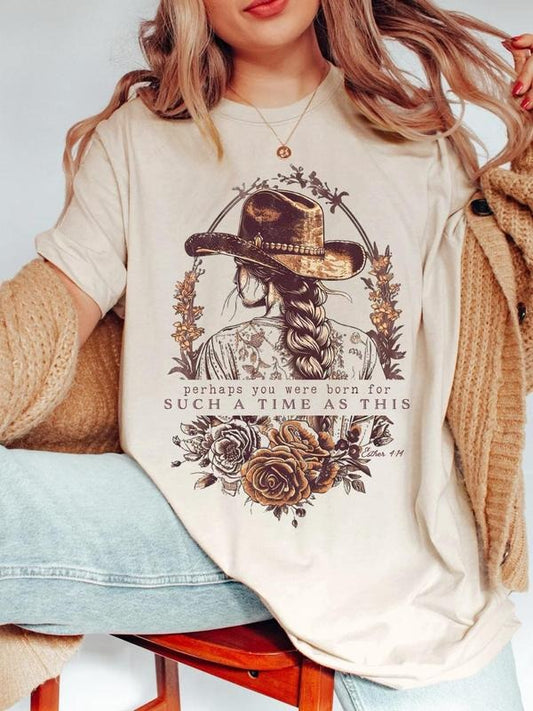 Women's Cowgirl & Letter Print Round Neck Graphic Tee, Vintage Trendy Casual Flower Graphic Short Sleeve T-shirt for Daily Wear, Ladies Summer Outfit, Top