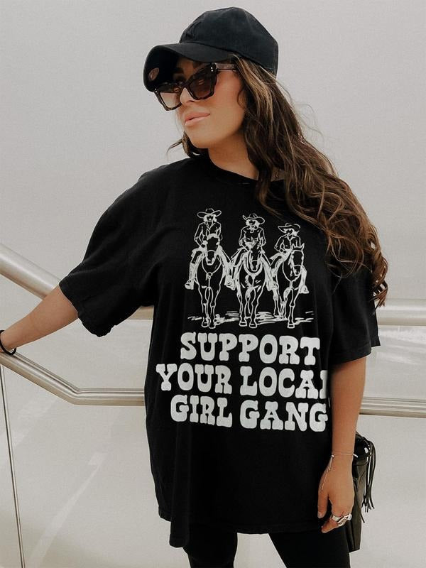 Women's Cowgirl Letter Print Round Neck Tee, Vintage Trendy Casual Short Sleeve T-shirt for Daily Wear, Ladies Summer Outfit, Top