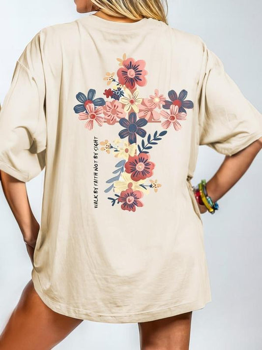 Women's Cross & Floral Print Round Neck Tee, Vintage Trendy Casual Figure Graphic Short Sleeve T-shirt for Daily Wear, Ladies Summer Outfit, Top