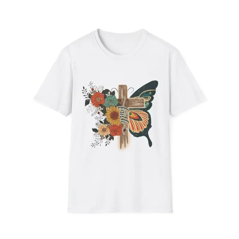 Women's Cross Faith T Shirt Cute Short Sleeve Butterflies Flowers Graphic Tees Casual Loose Summer Tops