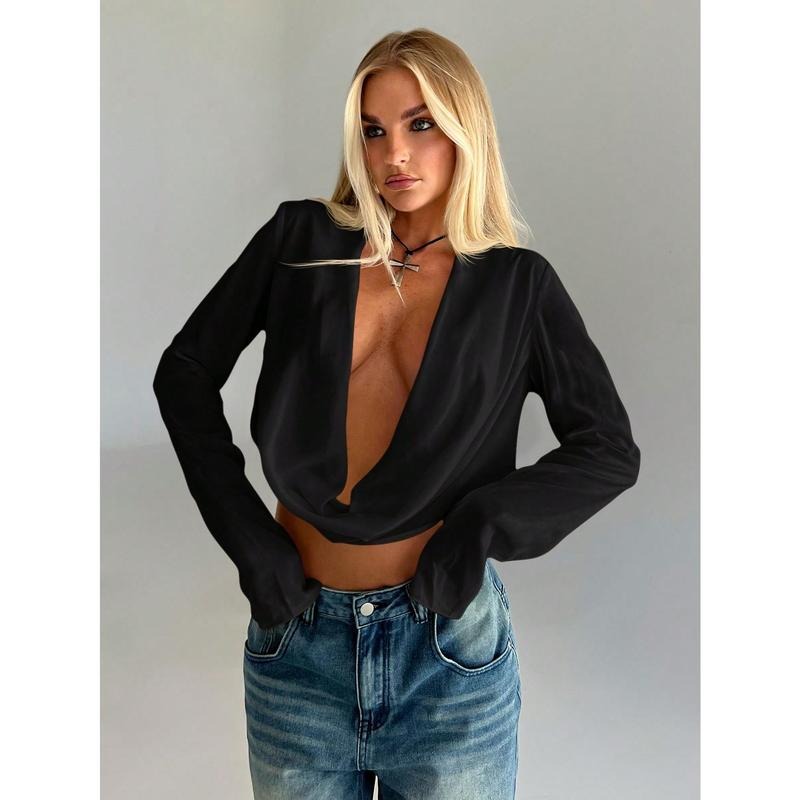 Women's Deep V Neck Draped Crop Blouse Long Sleeve Shirts Going Out Cropped Tops Hoodie, Sweatshirt | DripVista.com