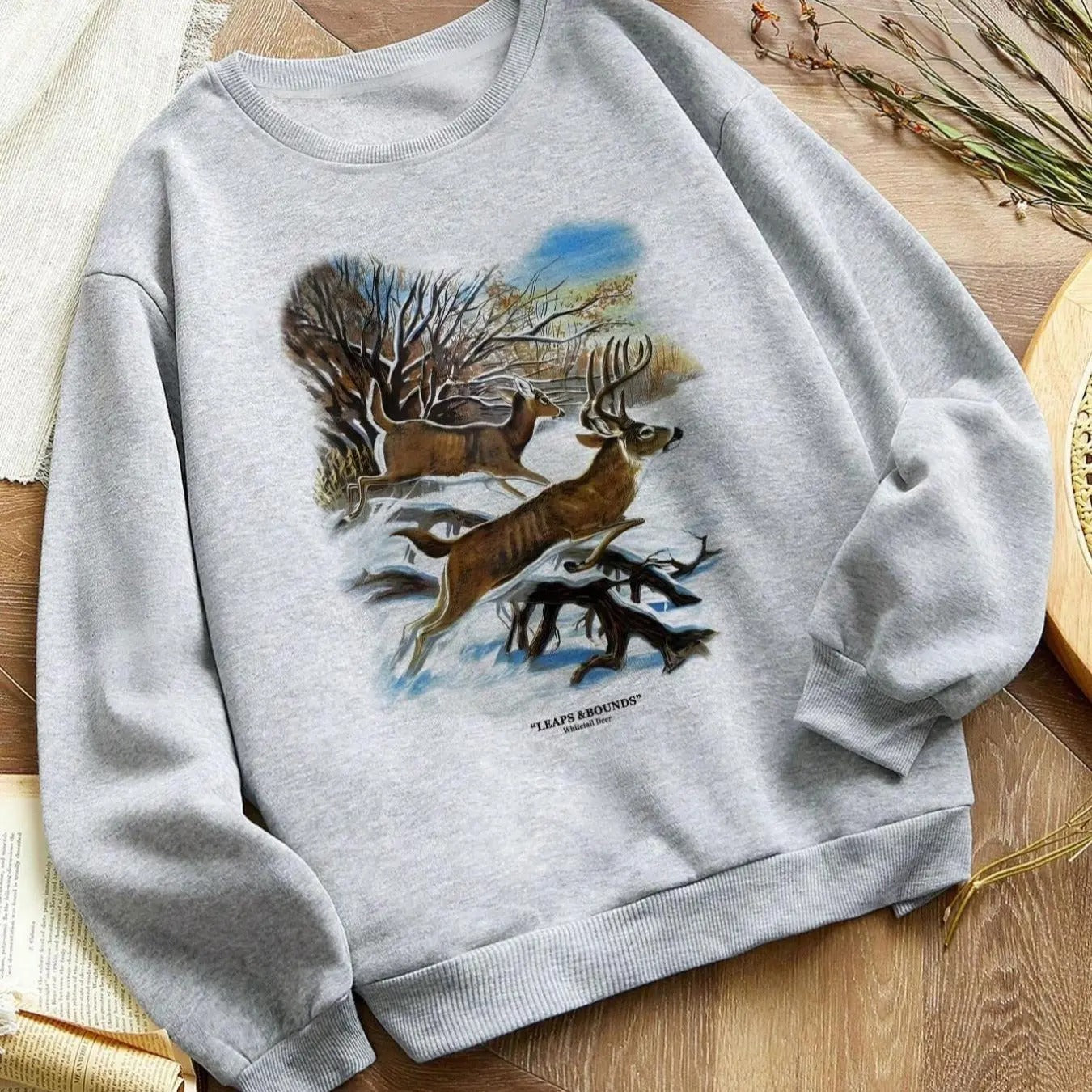 Women's Deer Print Drop Shoulder Sweatshirt, Casual Long Sleeve Round Neck Pullover for Fall & Winter, Women's Clothes...