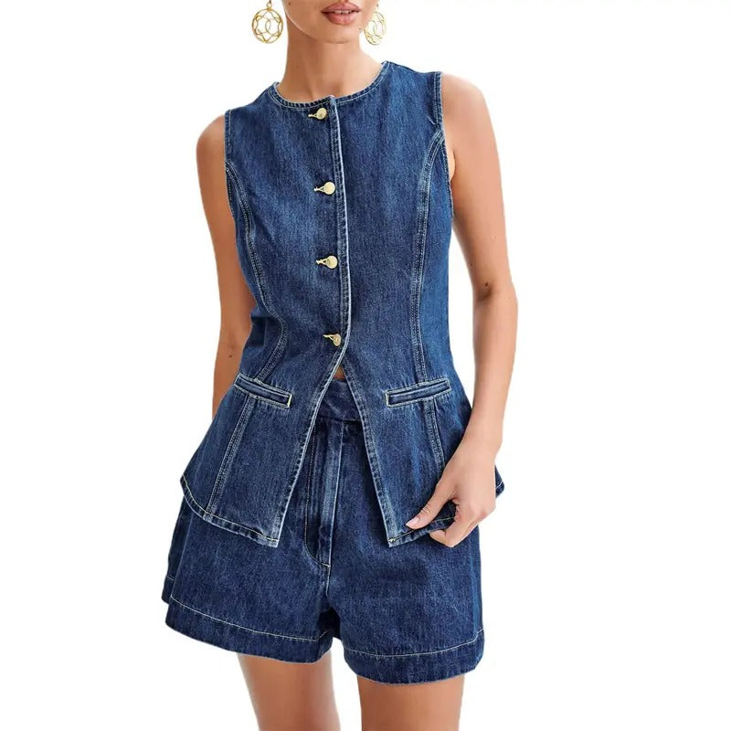 Women's Denim Long Vest Tops Button Up Back Slit Hem Sleeveless Round Neck Off Shoulder Waistcoat with Fake Pocket...
