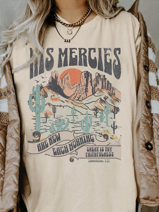 Women's Desert & Cactus Print Round Neck Graphic Tee, Vintage Trendy Casual Figure Graphic Short Sleeve T-shirt for Daily Wear, Ladies Summer Outfit, Top