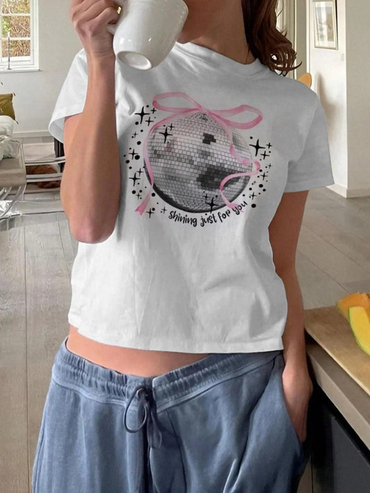 Women's Disco Ball & Letter Print Round Neck Graphic Tee, Vintage Trendy Casual Short Sleeve T-shirt for Daily Wear, Ladies All Seasons Clothes