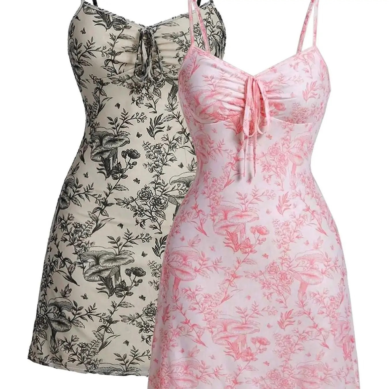 Women's Ditsy Floral Print Ruched Drawstring Cami Dress, Boho Sleeveless Spaghetti Strap Short Dress for Beach Holiday...
