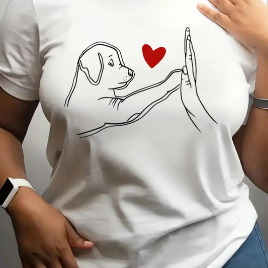 Women's Dog & Heart Print Round Neck Tee, Casual Short Sleeve Crew Neck T-shirt for Summer, Fashion Women's Top for Daily Wear