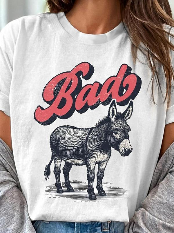 Women's Donkey & Letter Print Round Neck Tee, Vintage Trendy Casual Short Sleeve T-shirt for Daily Wear, Ladies All Seasons Clothes